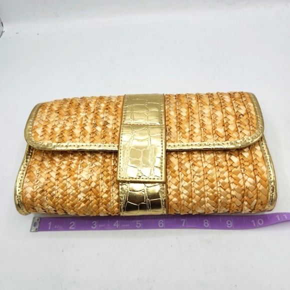 Big Buddha Straw Faux Leather Gold Crocs Trim Accents Fold Over Clutch - Picture 10 of 13